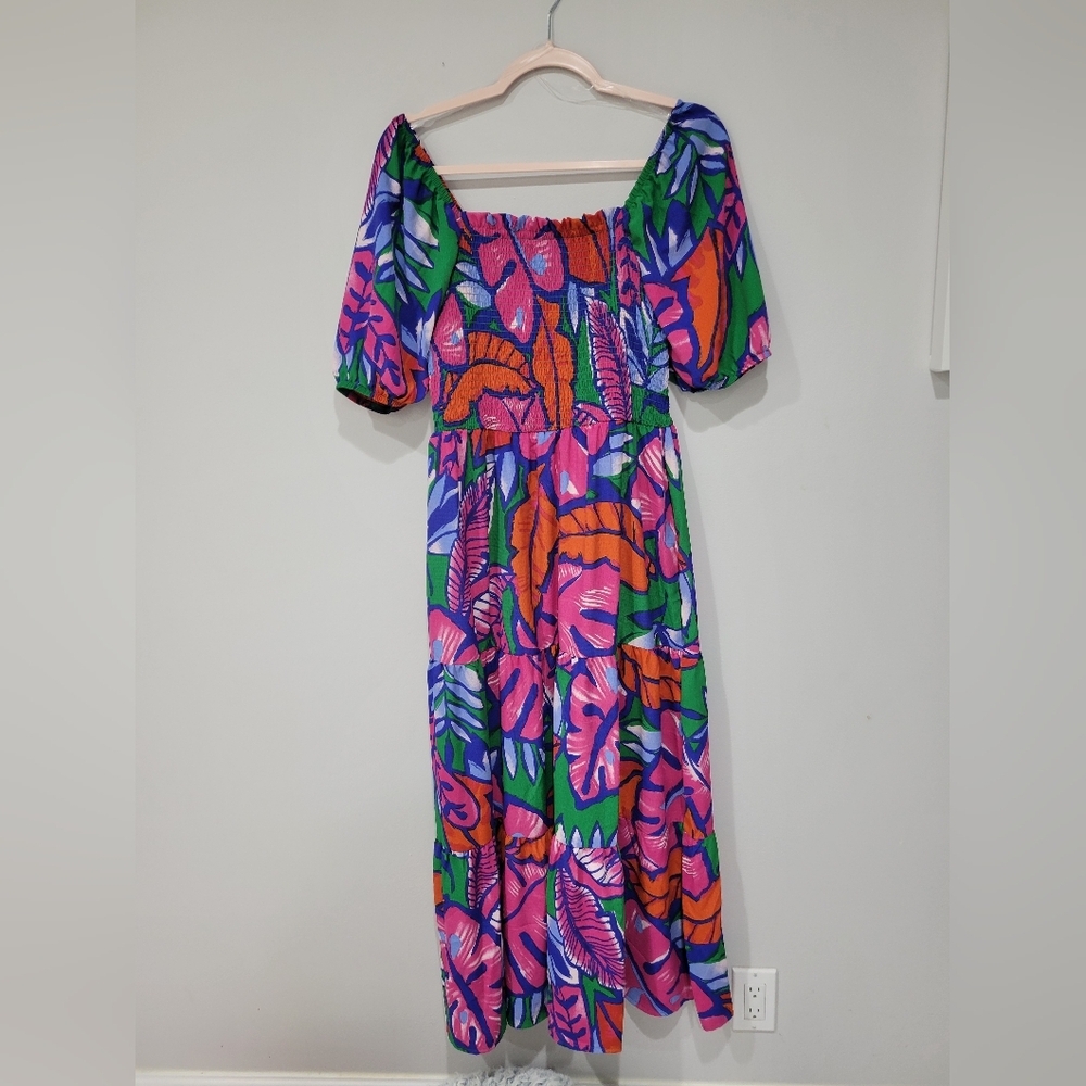 Bright Tropical Print Maxi Dress — Pink, Orange & Green - Picture 2 of 4